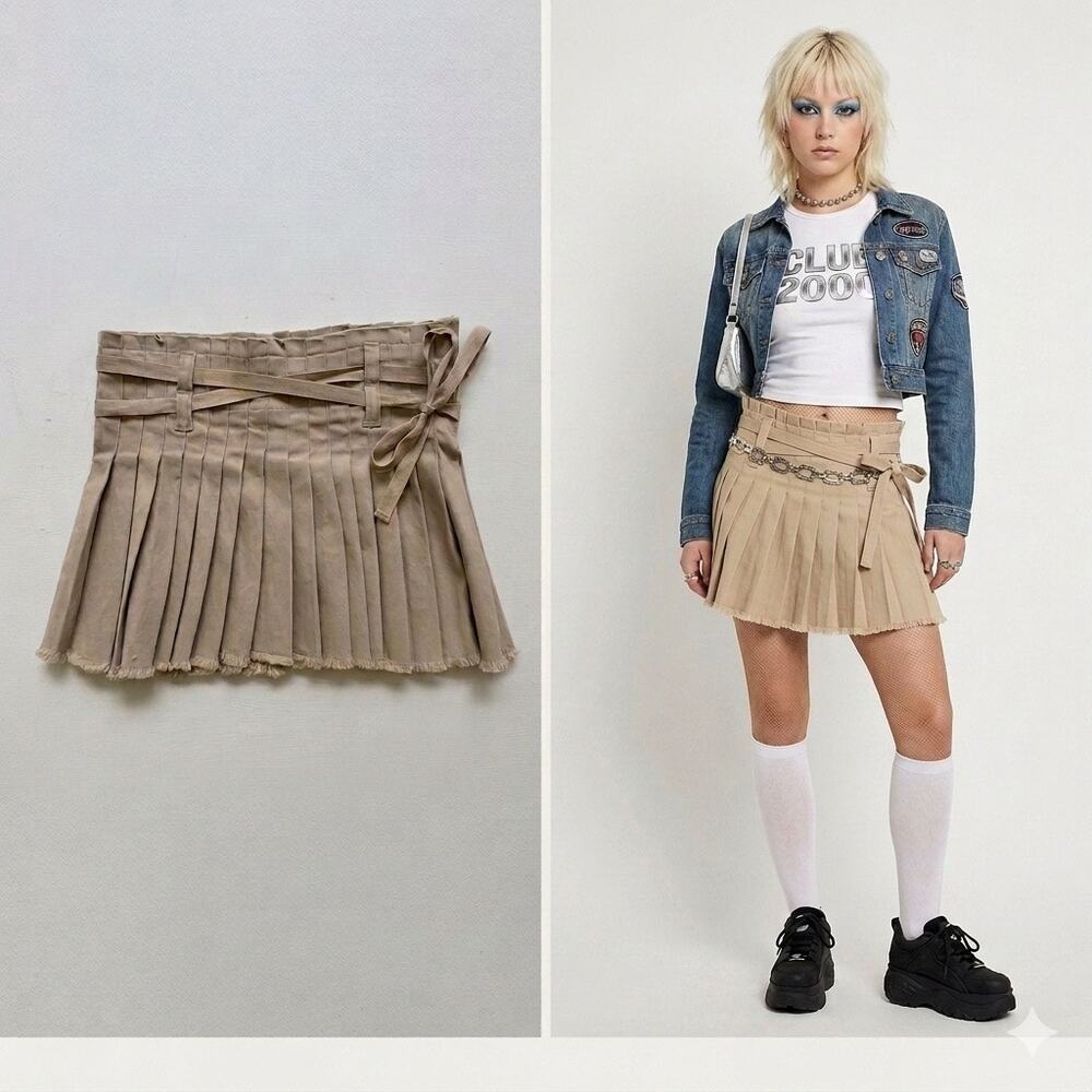 Vintage Havana Brand Khaki Pleated Mini Skirt Cargo Belted Micro Y2K Style XS